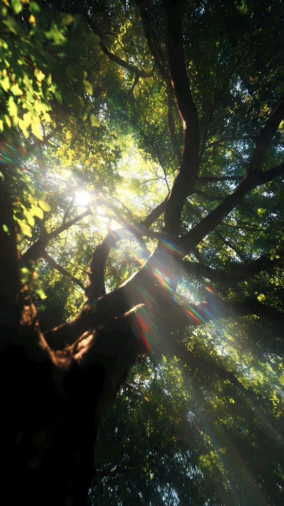 Sunlight beaming through forest tree canopy
