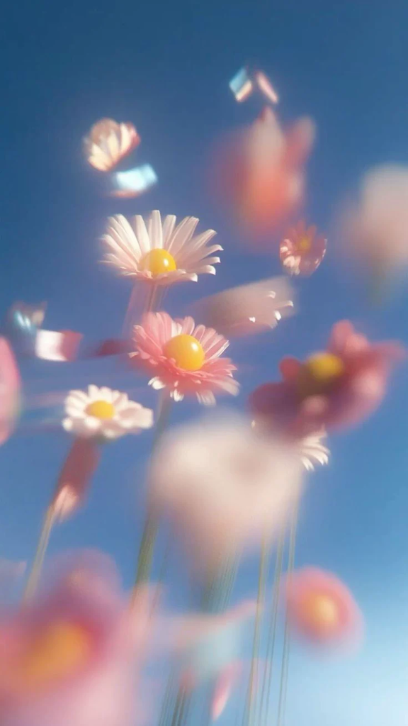 Floating daisies in clear blue sky