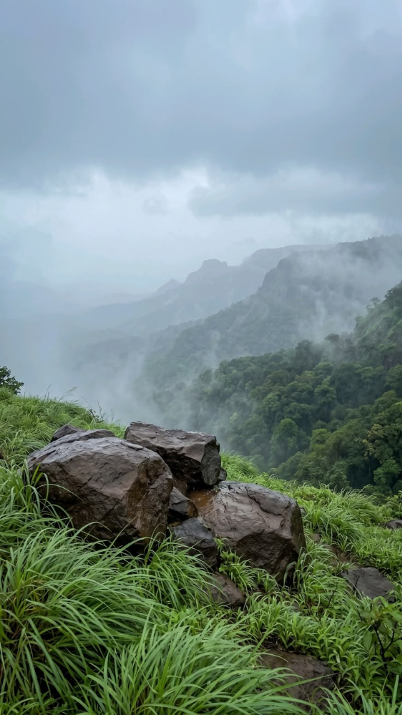 Misty mountain cliff over rainforest valley