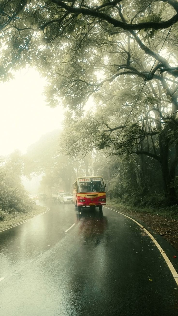 Atmospheric KSRTC red bus on misty wet forest road